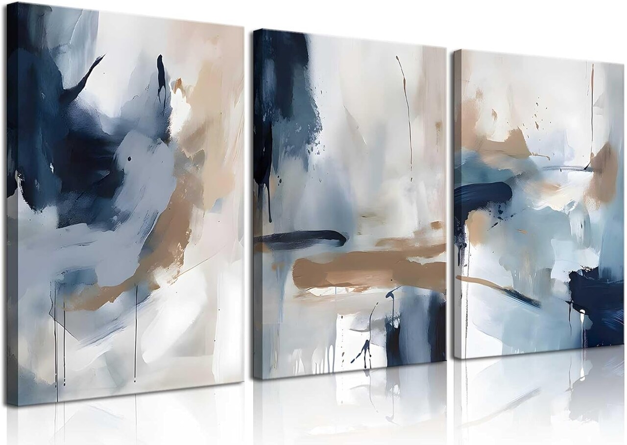 3Pcs Framed Navy Blue Wall Art Abstract Modern Brown Watercolor Canvas Posters Prints Minimalist Neutral Wall Decor Pictures